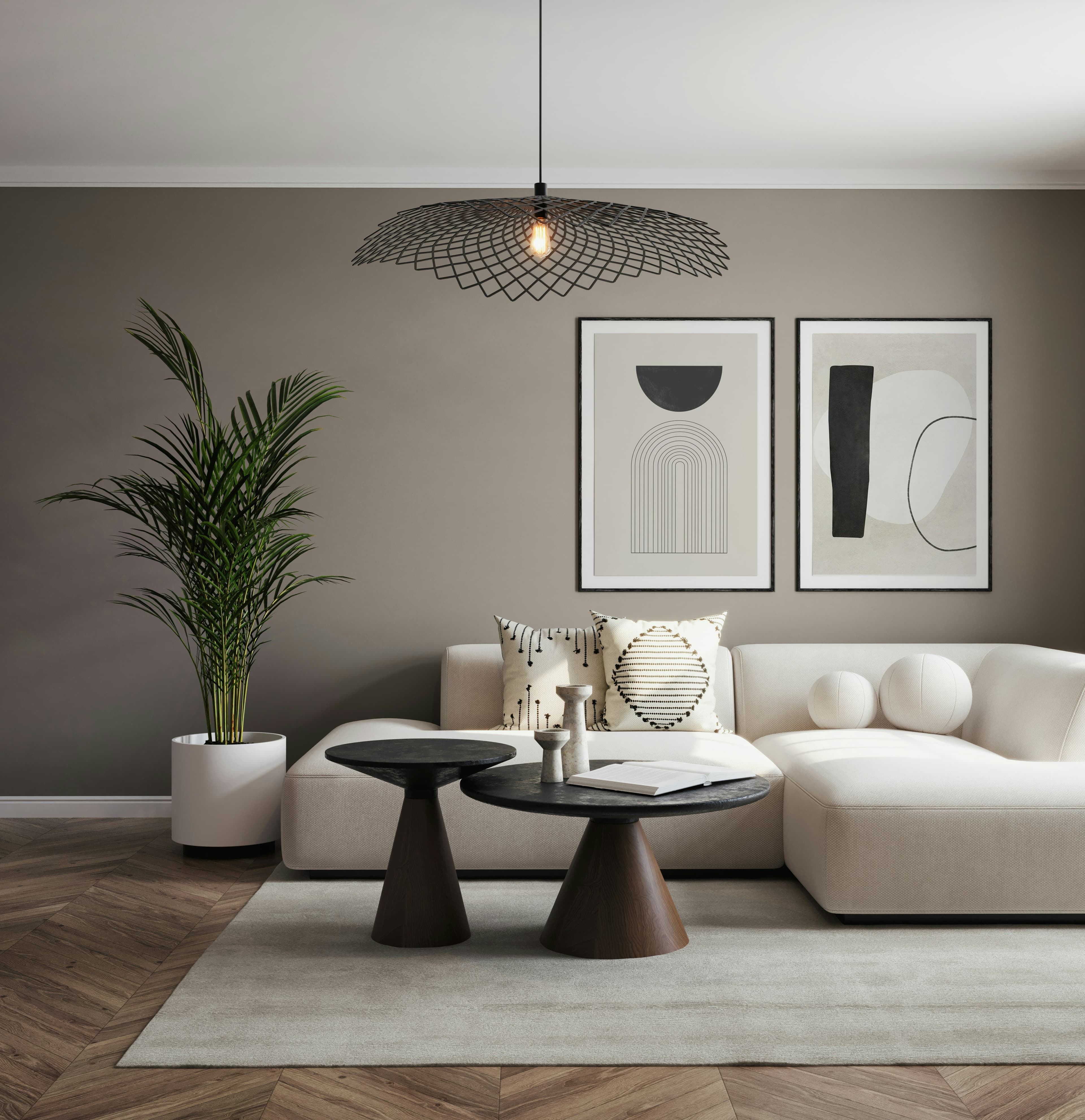 minimal interior with sleek furniture and soft grey palette